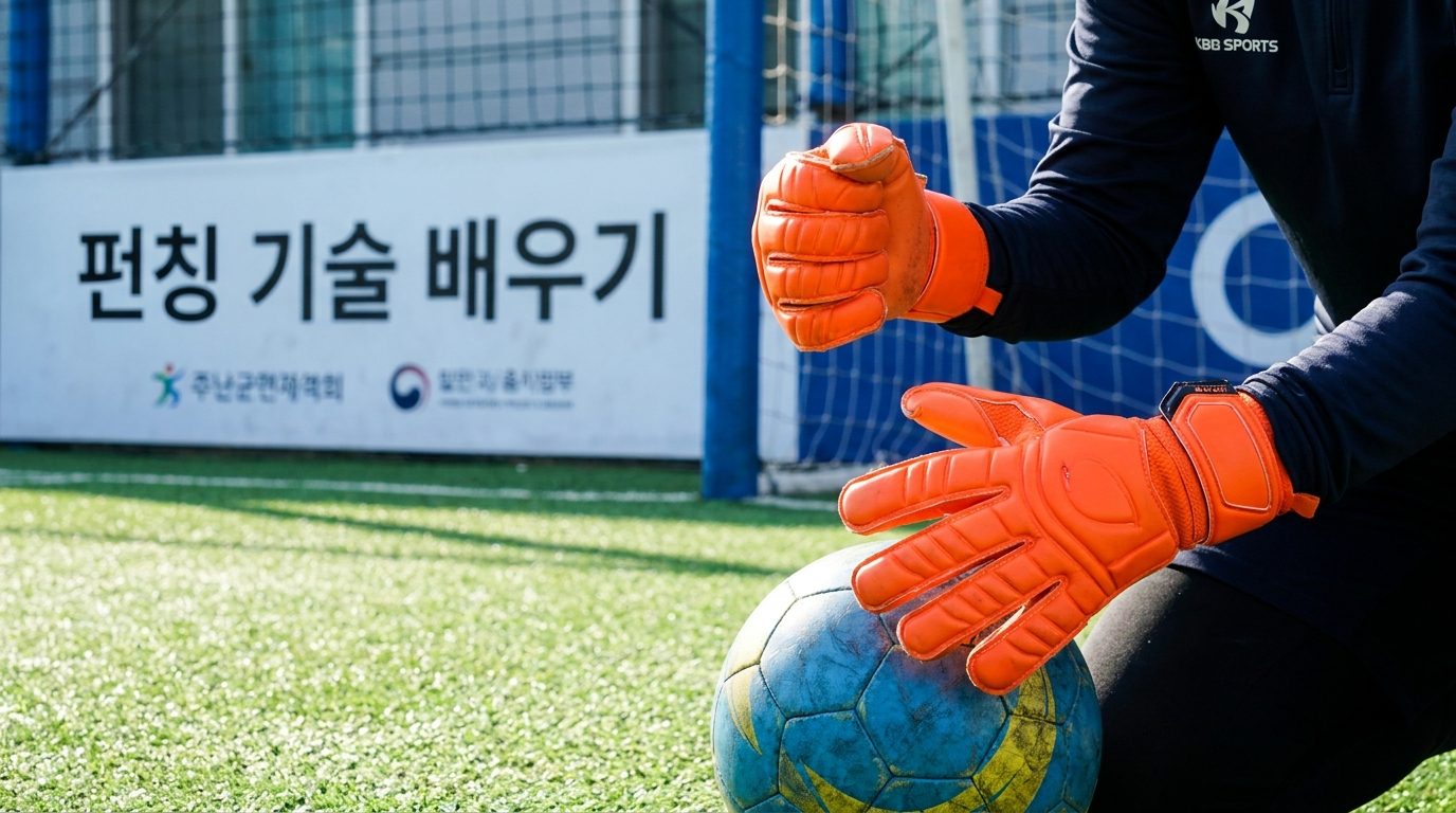 펀칭 기술을 보여주는 여성 골키퍼의 손 클로즈업