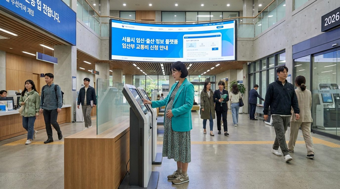 정부 청사 로비에서 임산부가 서울시 임신 출산 정보 플랫폼 디지털 안내 화면을 사용하고 있는 장면