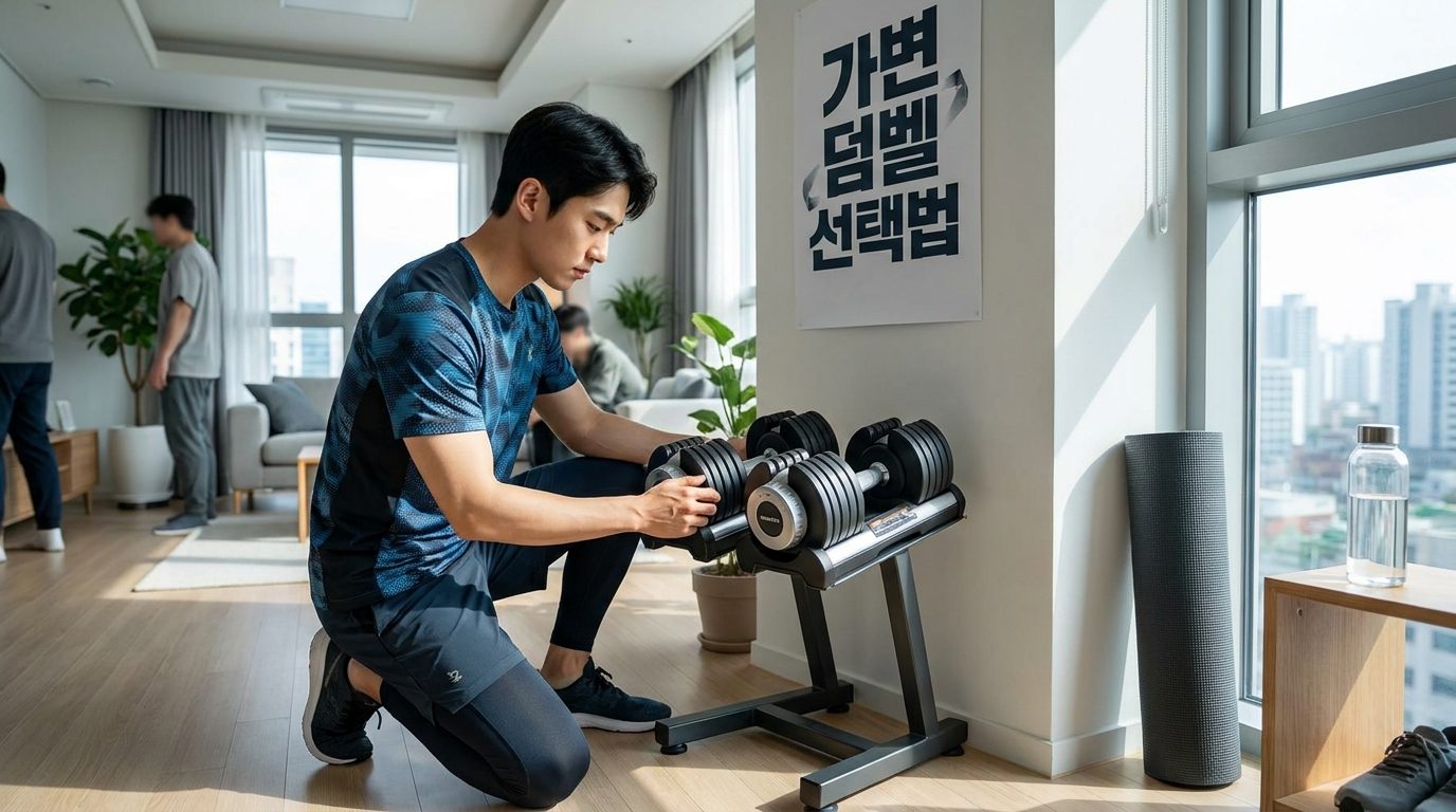 가변 덤벨을 조절하는 한국인 남성의 세련되고 깔끔한 홈트레이닝 공간 모습