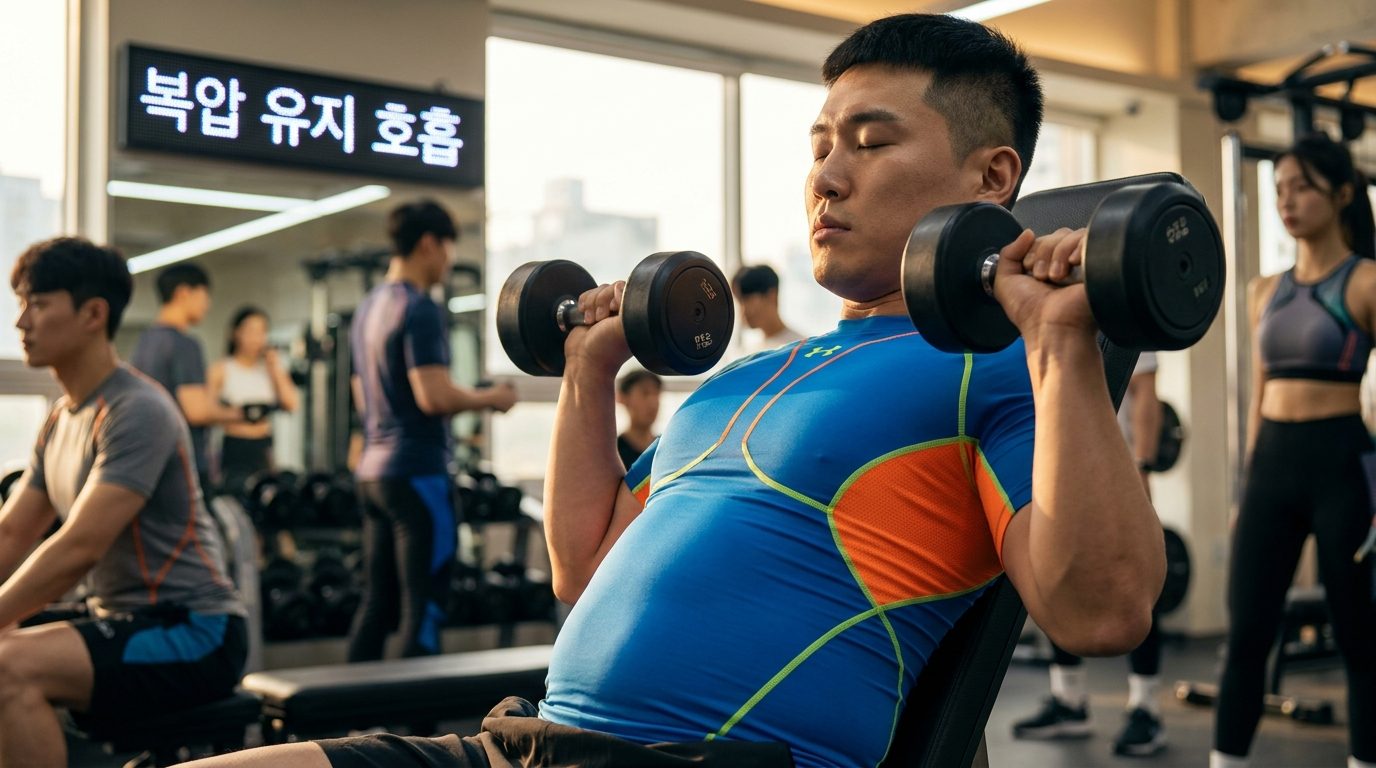 복압을 유지하기 위해 배에 공기를 들이마시는 한국인 남성의 집중된 자세를 클로즈업한 이미지