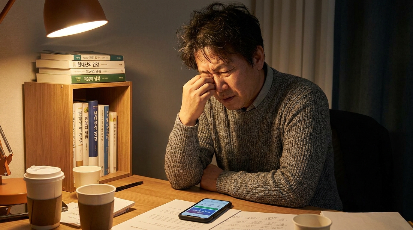 스트레스와 수면 부족으로 피부 건강이 악화된 한국 중년 남성의 모습