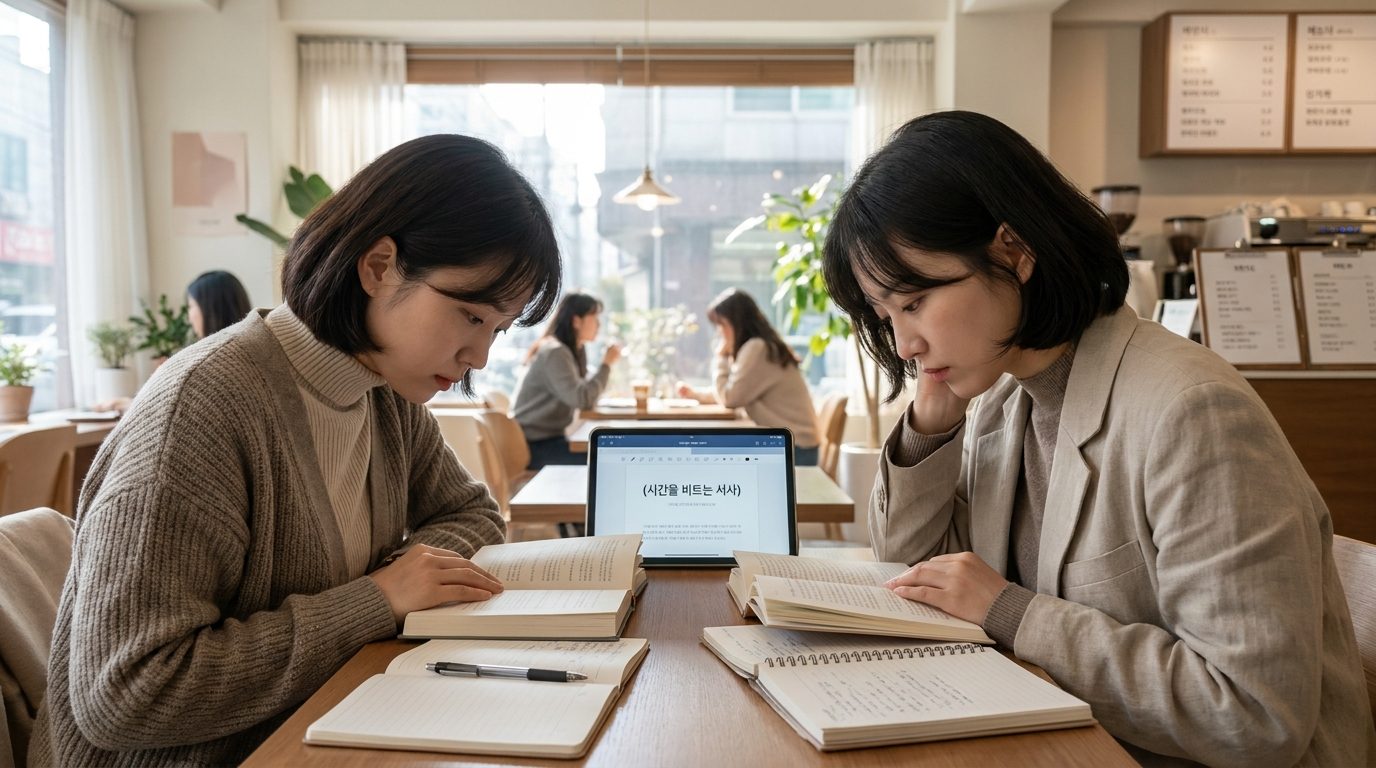 시간을 비트는 서사에 집중하며 책을 읽는 두 여성의 근접 사진