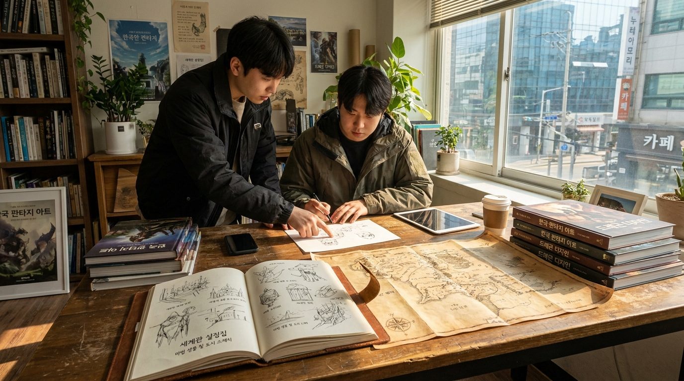 AI 컨셉아트 프롬프트: 세계관 설정집이 펼쳐진 노트와 판타지 세계 지도 이미지