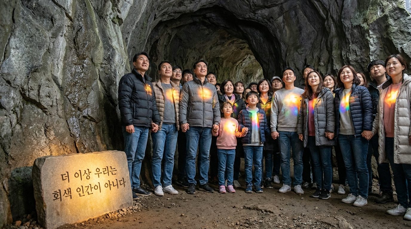 지하 동굴에서 빛나는 인내와 존엄성을 회복하는 한국인들 모습