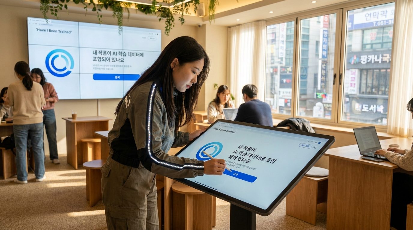 현대적인 카페에서 AI 학습 데이터 포함 여부를 확인하는 한국 여성과 디지털 플랫폼 화면