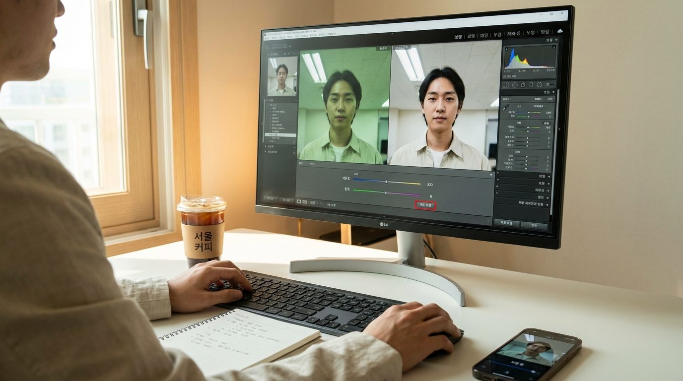 AI 화이트밸런스 조절 인터페이스가 보이는 컴퓨터 모니터와 작업 공간