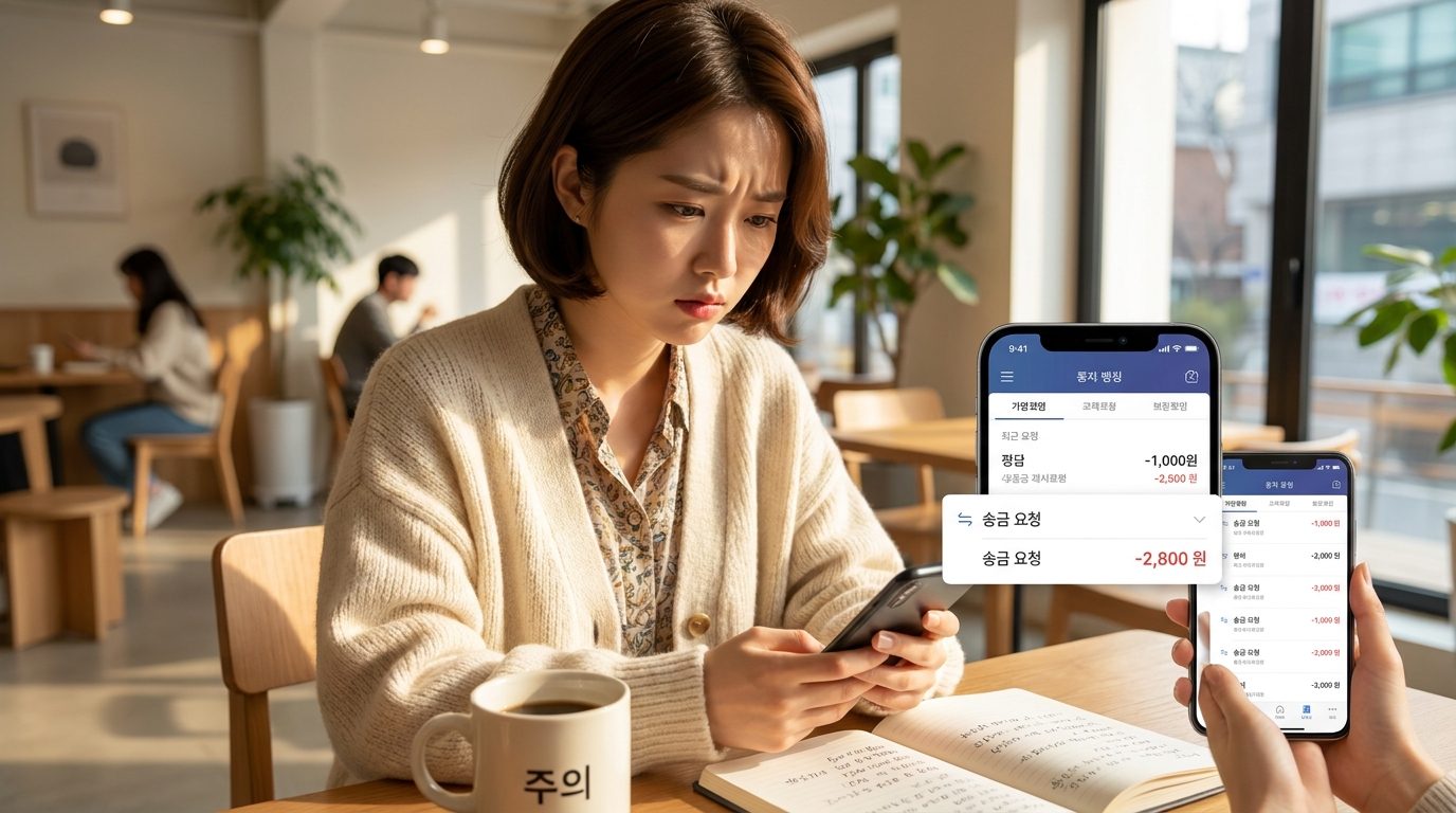 카페에서 은행 거래를 확인하며 걱정하는 한국 여성의 실사 이미지