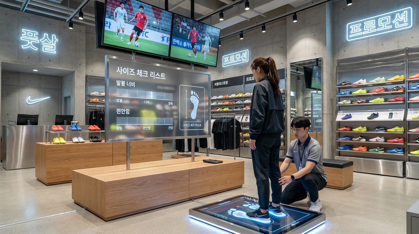 현대적인 한국 풋살화 매장에서 고객이 사이즈 체크를 하는 장면 실사 이미지