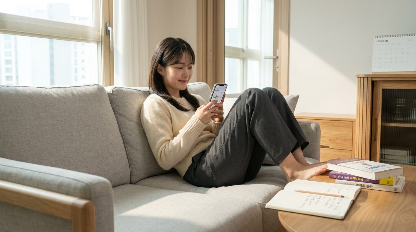 집에서 재테크 실천을 위해 예산 앱을 확인하는 젊은 한국 여성의 모습