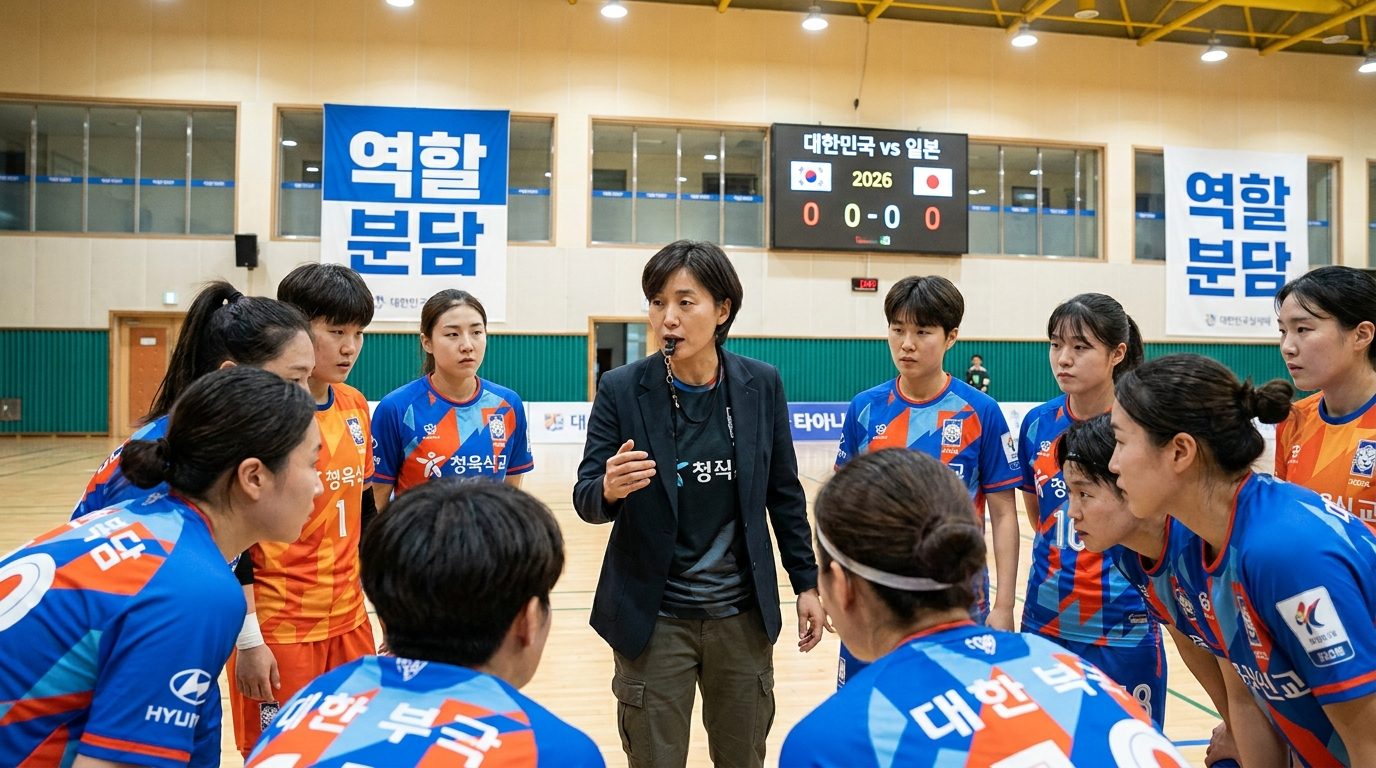 경기 전 전술 브리핑을 하는 여성 감독과 밝은 팀 유니폼을 입은 선수들이 함께 모여 듣는 장면