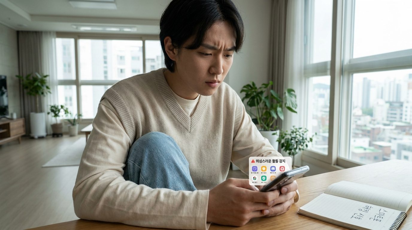 스마트폰 해킹 확인 방법: 스마트폰 해킹을 의심하는 젊은 한국인이 도시 아파트에서 스마트폰을 확인하는 모습
