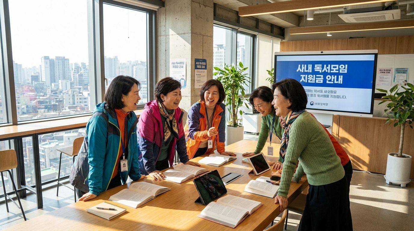 밝고 현대적인 한국 사무실에서 다양한 색상의 캐주얼한 비즈니스 복장을 입은 여성들이 책과 노트북을 앞에 두고 즐겁게 사내 독서모임을 논의하는 모습