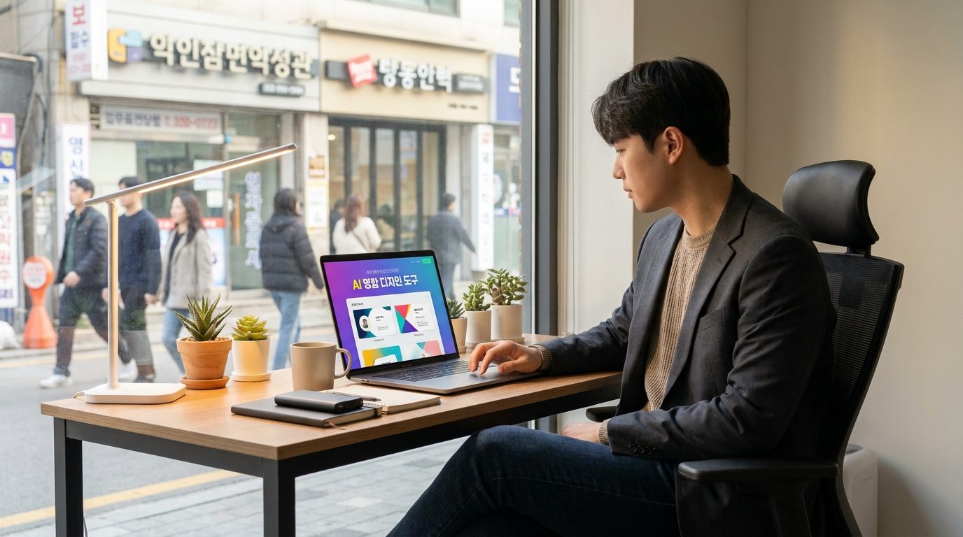 자연광 아래 스타일리시한 스마트 캐주얼을 입은 젊은 프리랜서가 모던한 책상에서 AI 명함 디자인 도구를 사용하는 모습
