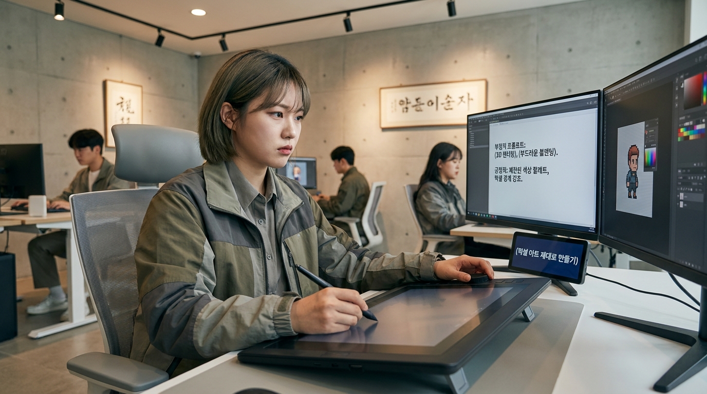 픽셀 아트 프롬프트를 컴퓨터에서 조정하는 2026년 한국의 그래픽 디자이너