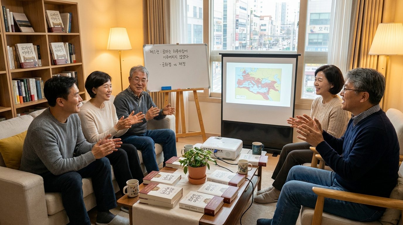 한국 독서 모임에서 로마인 이야기 책에 대해 토론하는 모습