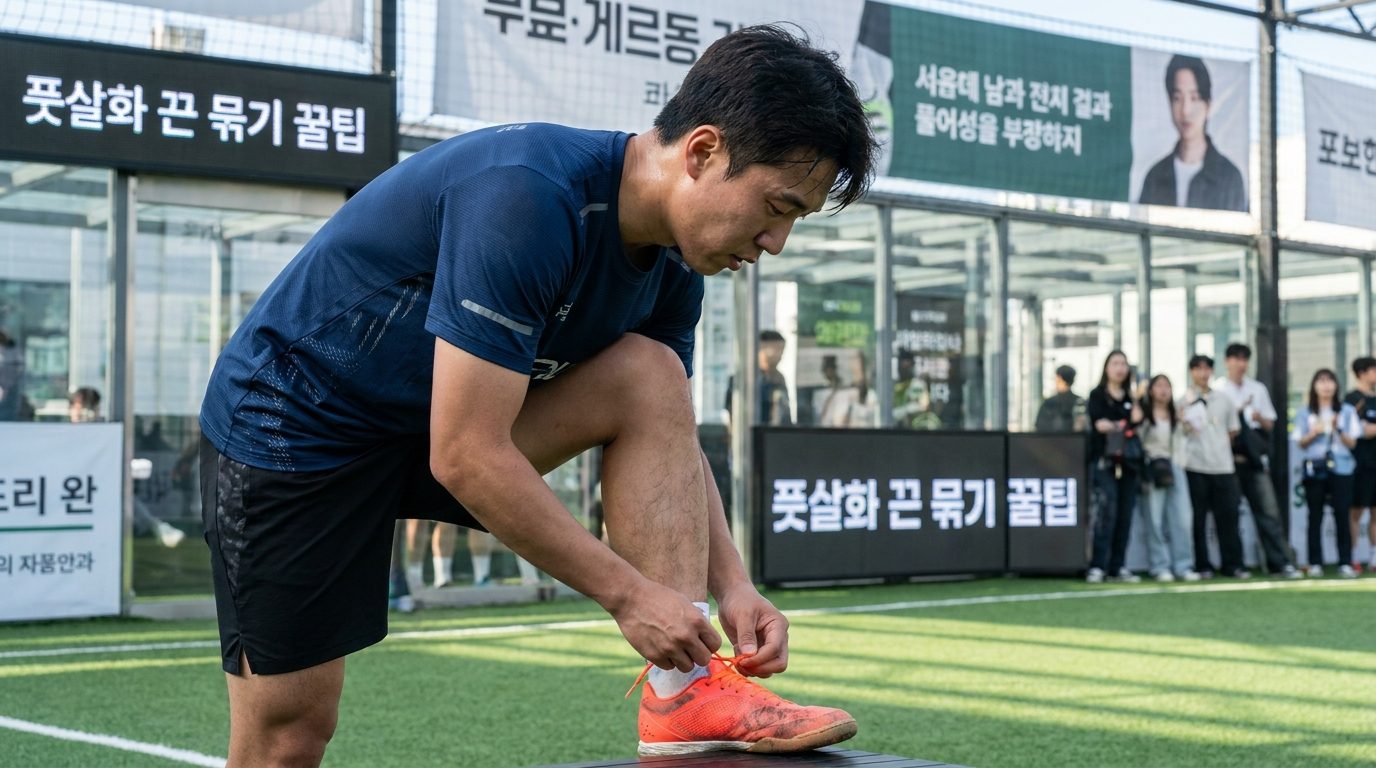 풋살화 끈 묶기: 풋살 경기 중 사이드에서 풋살화 끈을 집중해서 묶고 있는 한국 선수의 모습