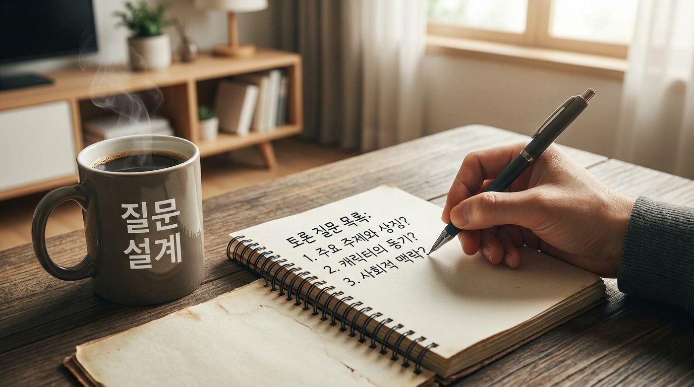 질문을 디자인하며 노트에 한국어로 질문 내용을 적고 있는 클로즈업 사진