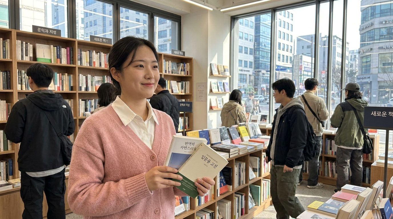 입문용 고전을 고르며 행복해하는 젊은 여성