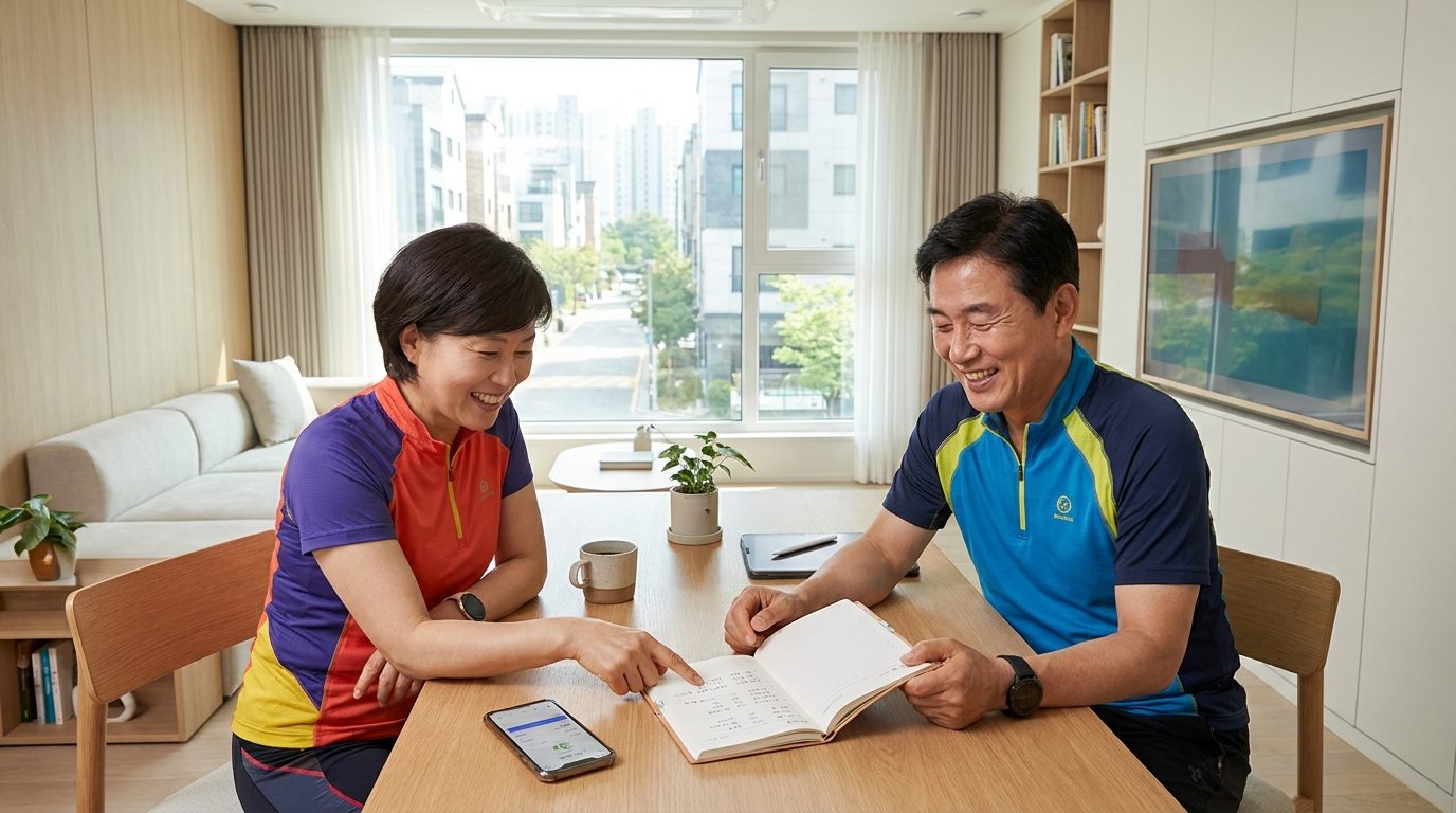 운동을 시작하는 중년 한국인 부부가 따뜻한 자연광 아래 집에서 운동일지를 기록하며 긍정적인 표정을 짓고 있는 모습