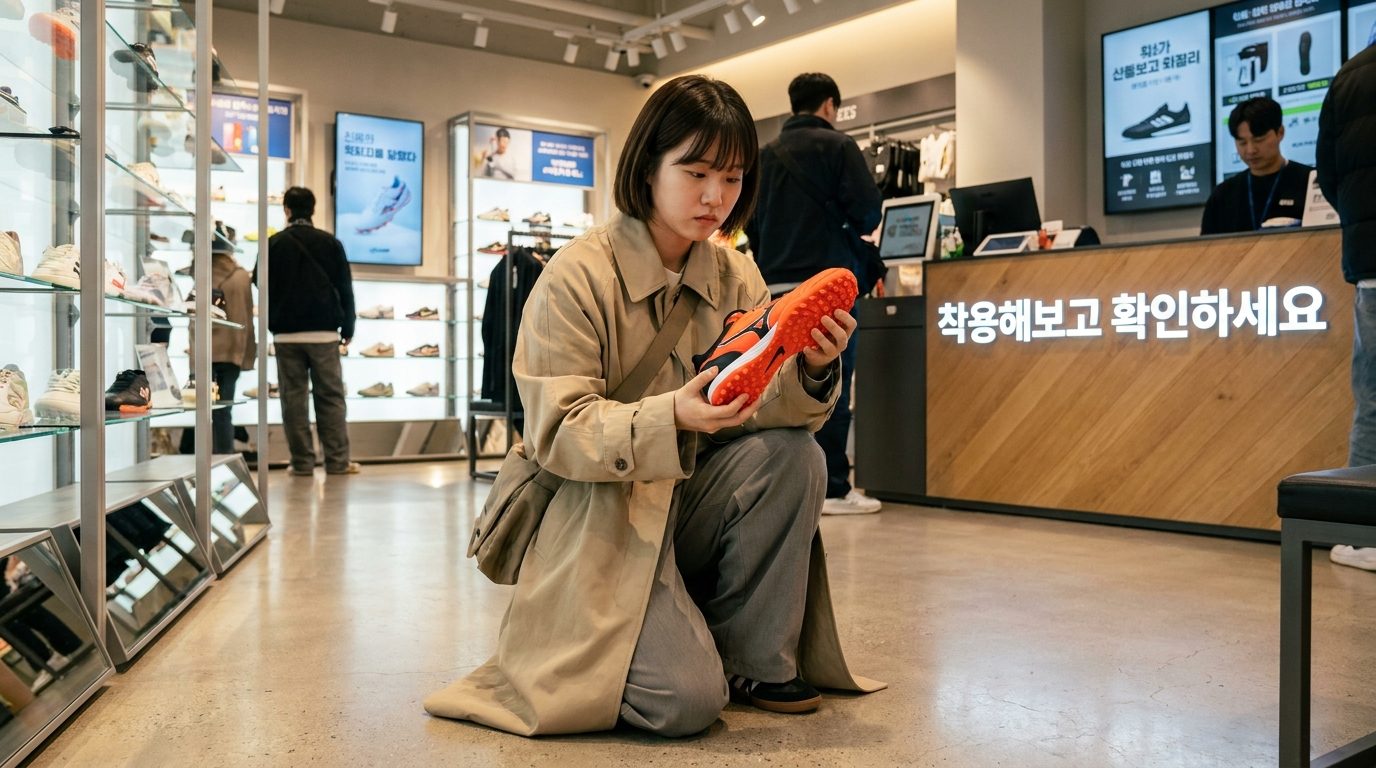 한국 스포츠 매장에서 풋살화를 직접 신어보고 확인하는 여성 고객