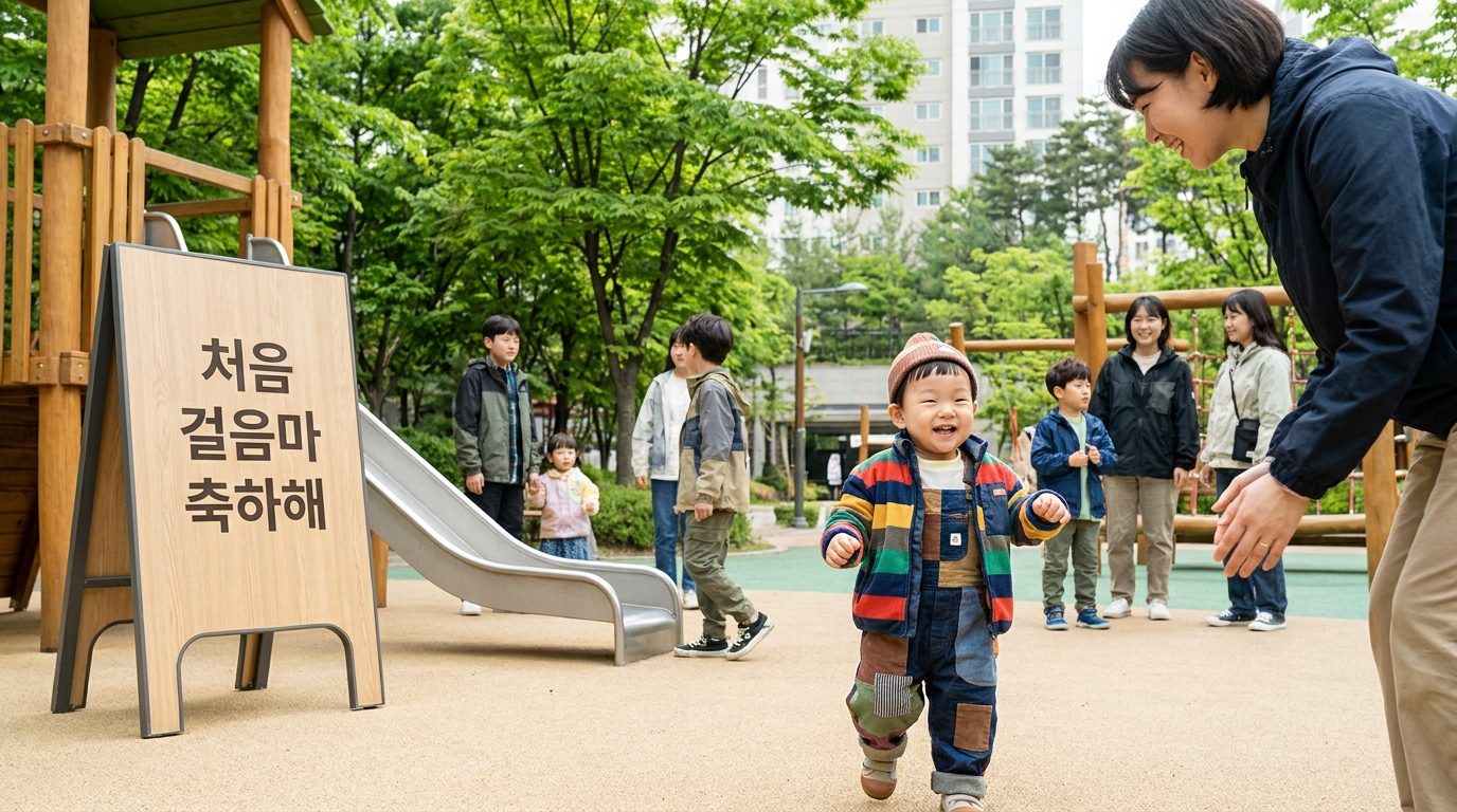 흔들린 사진 복구: 아이의 첫 걸음마 순간을 밝은 놀이터에서 웃음 가득한 표정으로 담은 사진