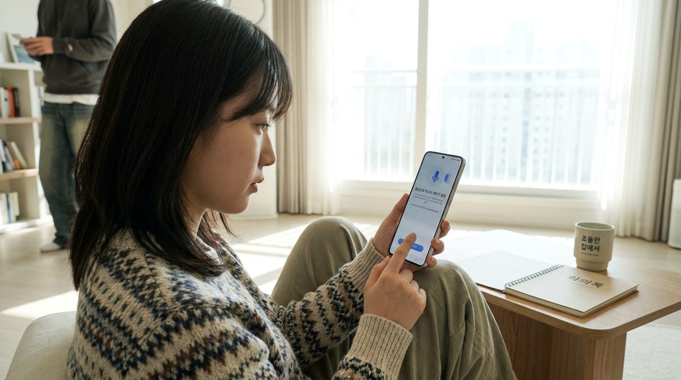 빅스비 사용법: 현대 한국의 깔끔한 아파트에서 빅스비 음성 호출 설정 중인 젊은 한국 여성의 실사 이미지