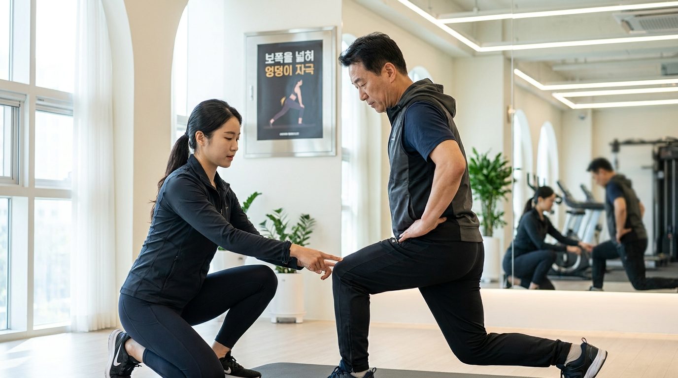 한국 개인 트레이너가 런지 자세를 지도하는 모습과 한글 포스터를 배경으로 한 헬스장
