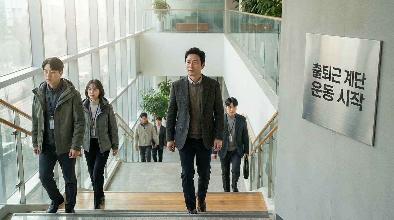 출퇴근길에 사무실 계단을 오르는 한국의 중년 남성의 모습으로, 밝은 자연광 속에서 편안하고 집중한 표정을 하고 있는 장면