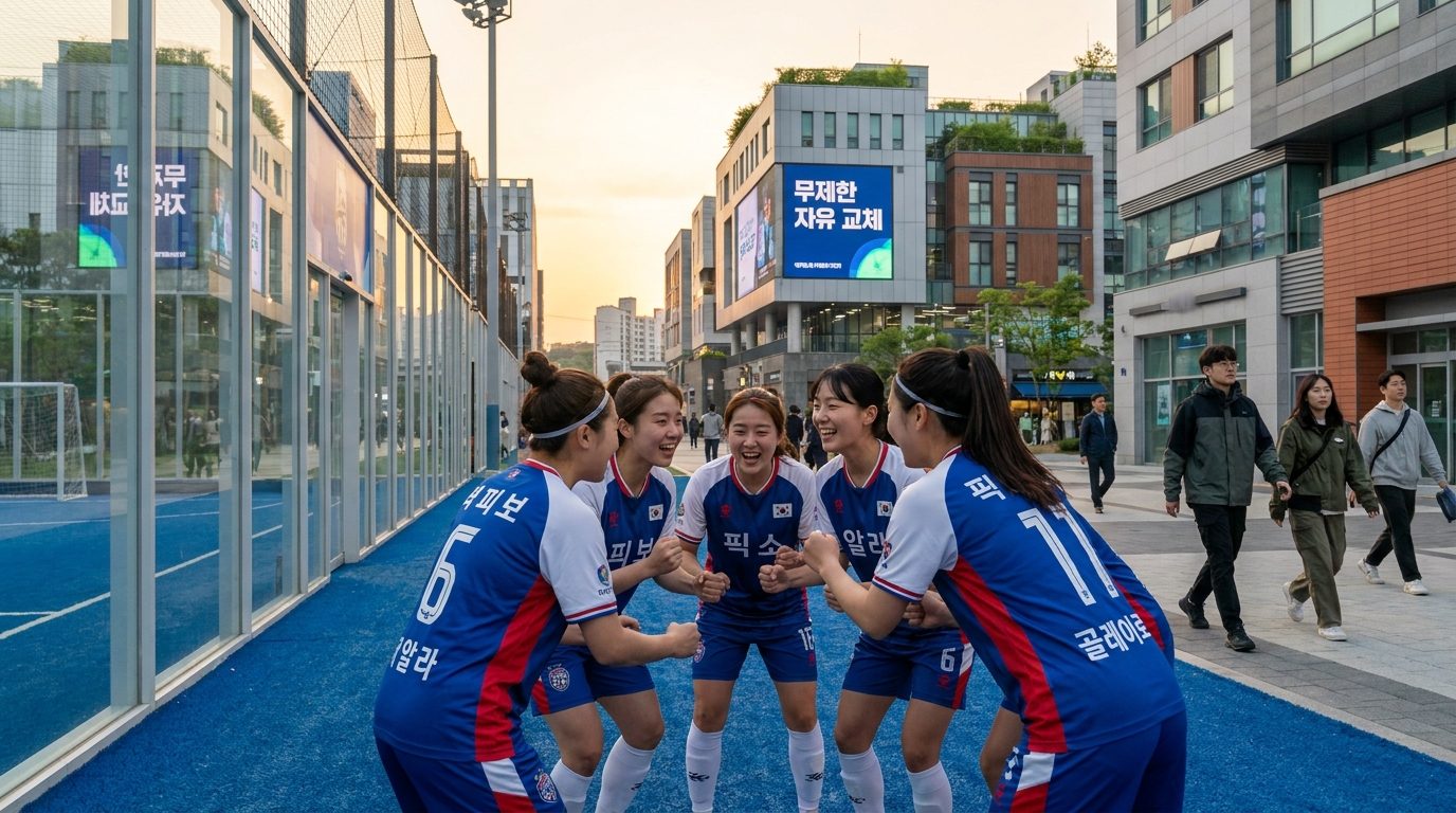 현대적인 한국 야외 풋살 코트에서 5명의 여성 선수들이 팀 전술에 대해 논의하며 하이파이브하는 모습, 유니폼에 포지션 명칭이 한글로 쓰여 있다.
