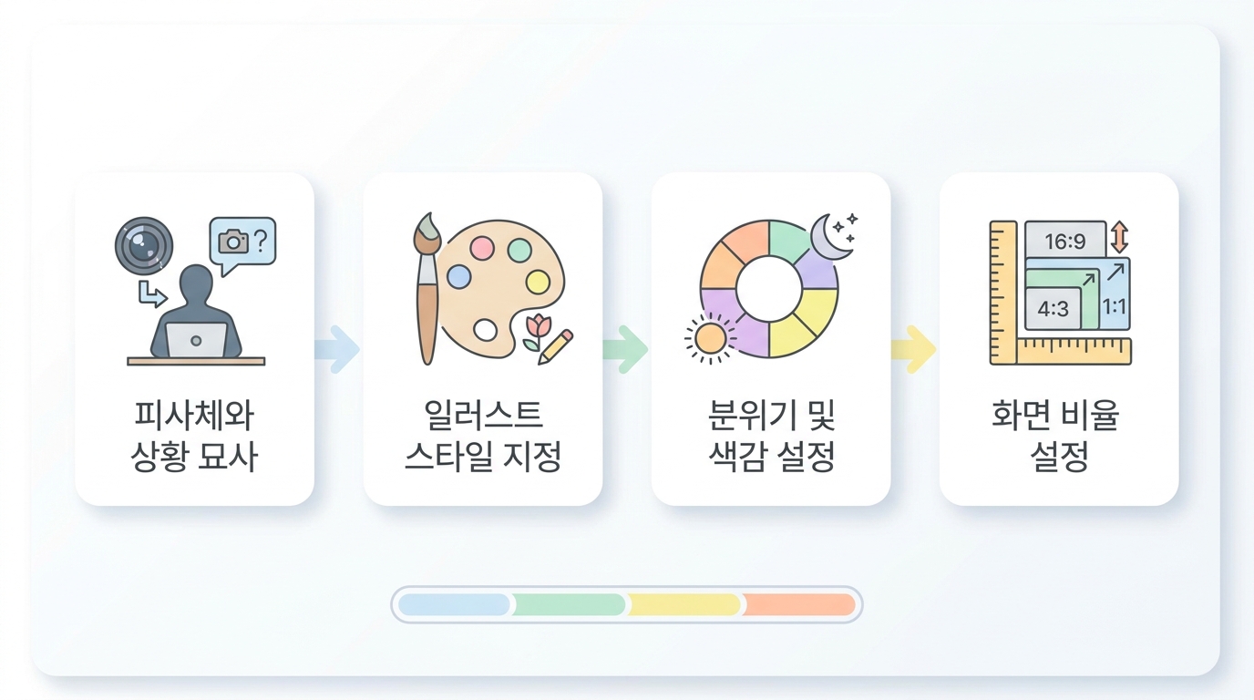 블로그 썸네일 제작 4단계 공식을 상징하는 간결하고 깔끔한 플랫 디자인 일러스트