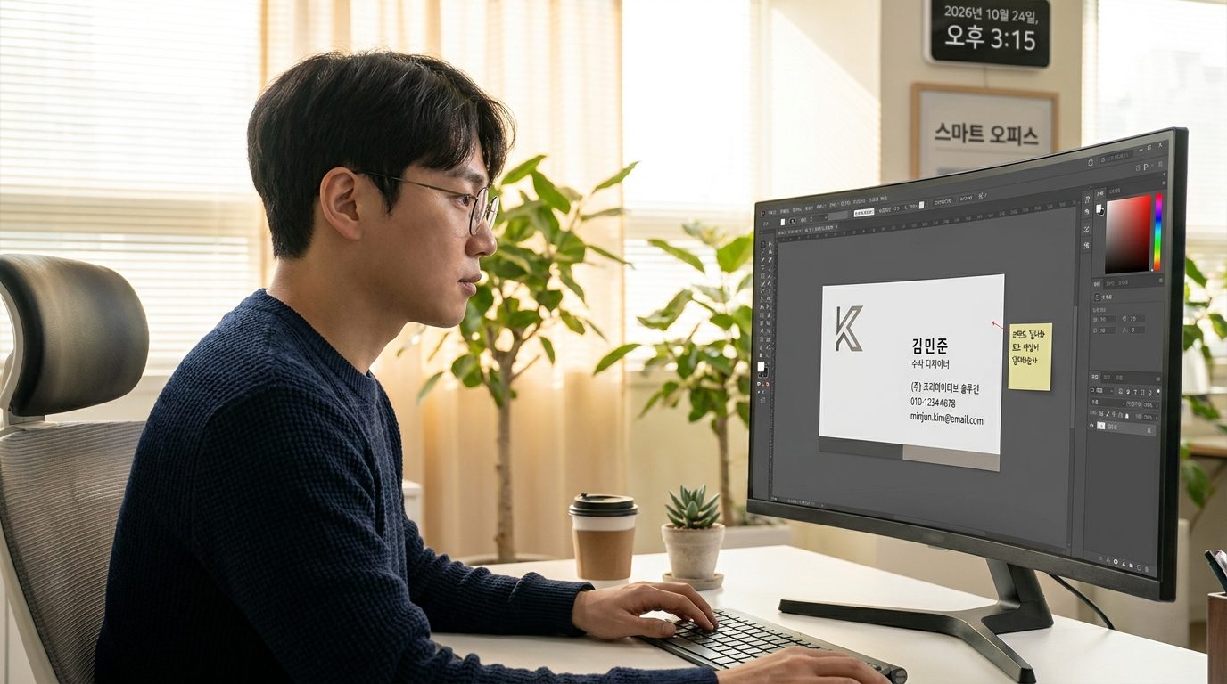 현대적인 사무실에서 컴퓨터 화면에 보이는 세련된 명함 레이아웃과 로고 색상 점검하는 모습
