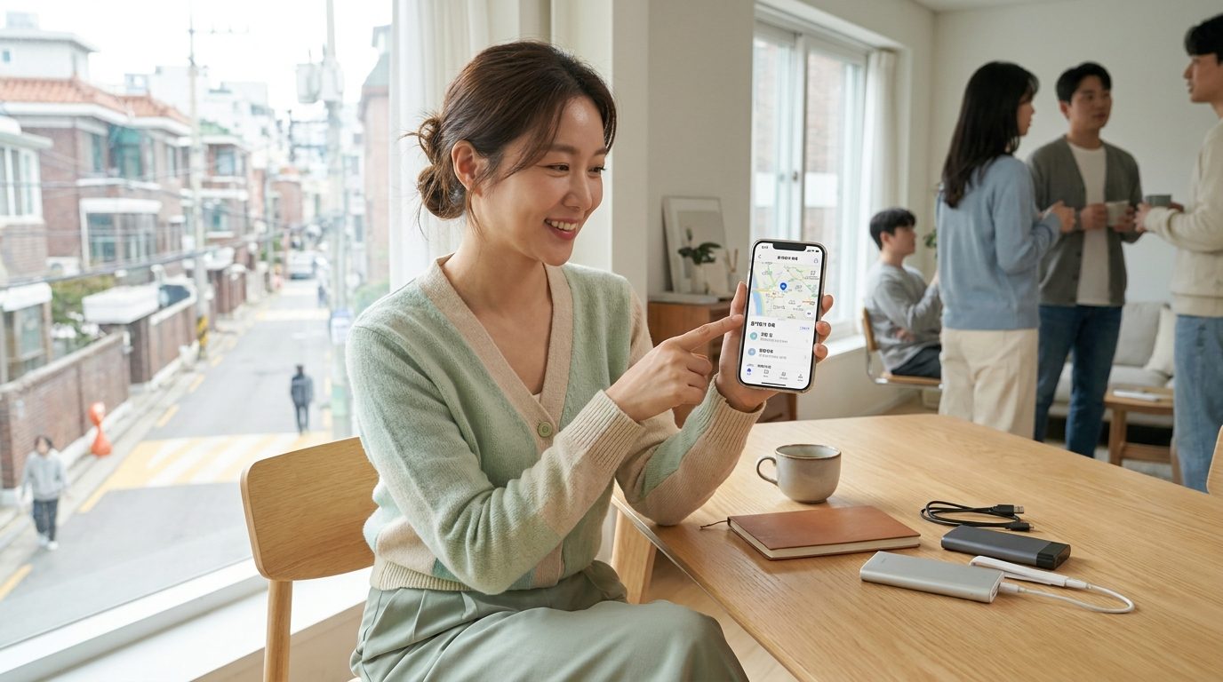 집 안에서 스마트폰으로 즐겨찾기 목록을 정리하는 한국 여성 모습