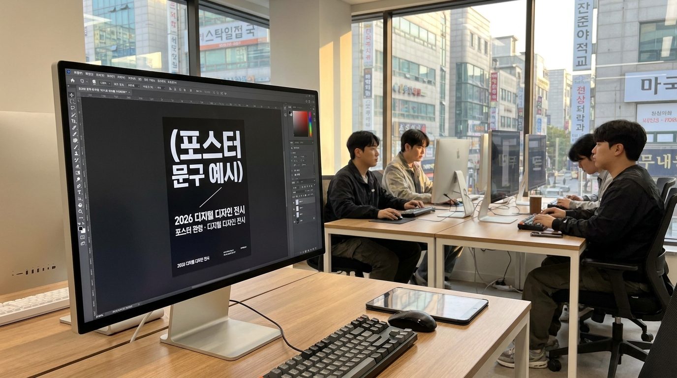 디지털 화면에 정확하게 표현된 한글 포스터 문구를 클로즈업한 이미지