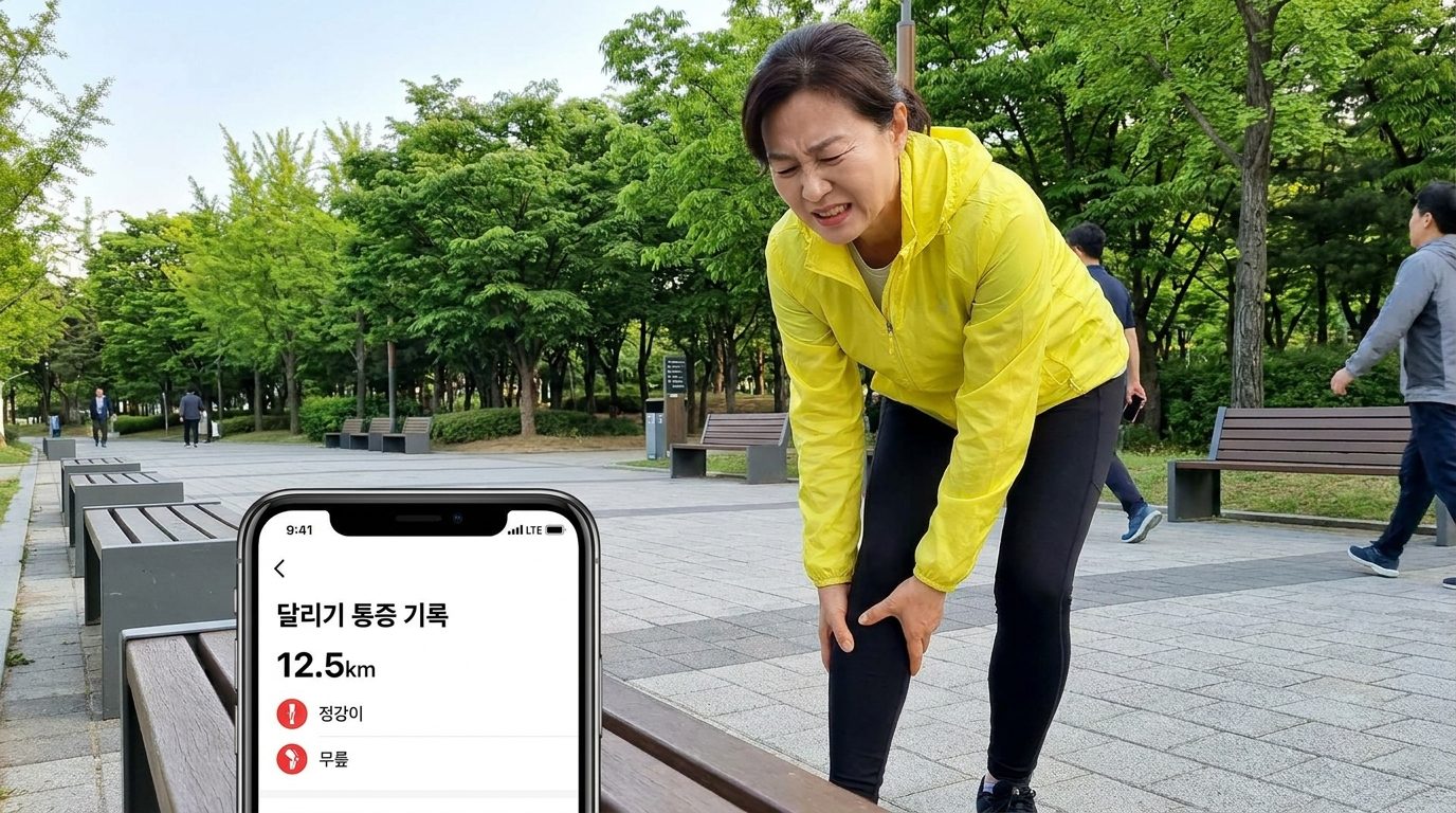 달리기 후 다리 통증을 느끼는 40~50대 한국 러너가 스마트폰으로 통증 기록하는 모습, 현대적 한국 공원 배경