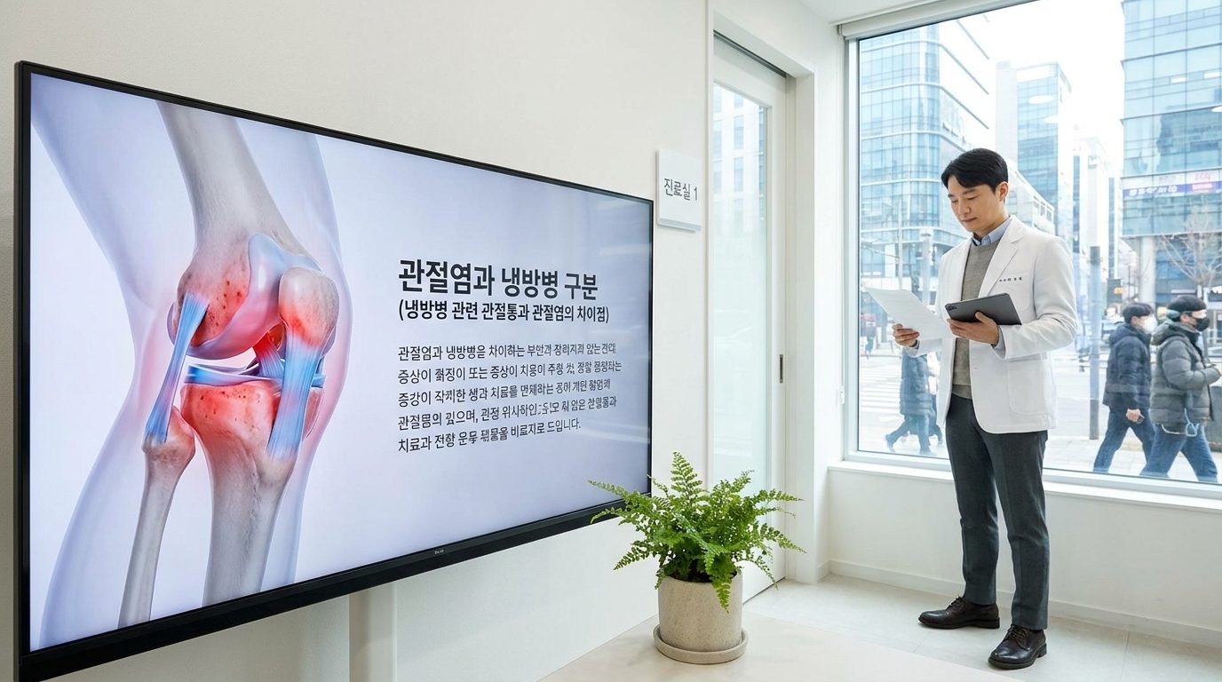 한국 병원 상담실에서 관절염과 냉방병 관절통 차이를 설명하는 화면의 근접 이미지