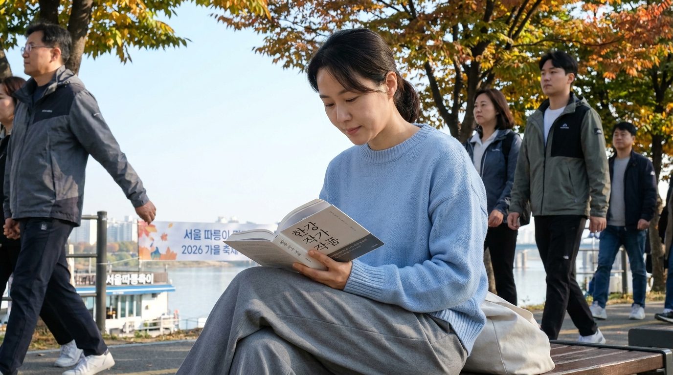 한강 작가의 책을 읽으며 한강변에 앉아 있는 여성 독자의 모습