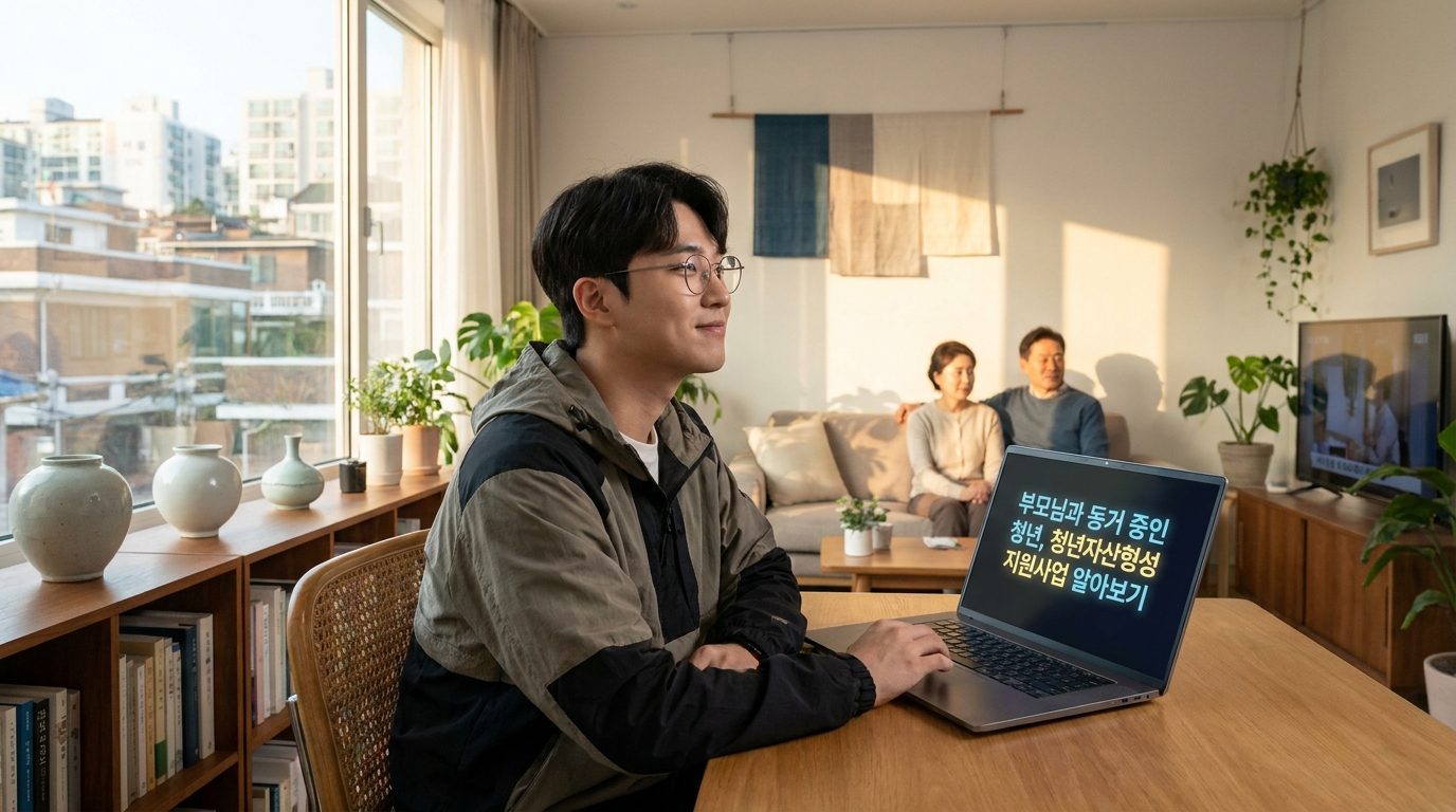 부모 동거 청년통장: 부모님과 함께 거실에서 이야기를 나누는 청년과 부모님의 모습