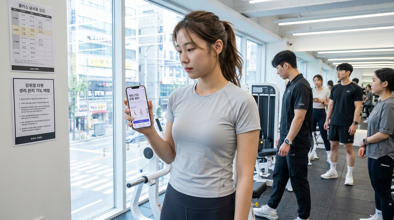 운동 일정을 고민하며 스마트폰을 보는 현대 한국 여성의 실사 이미지
