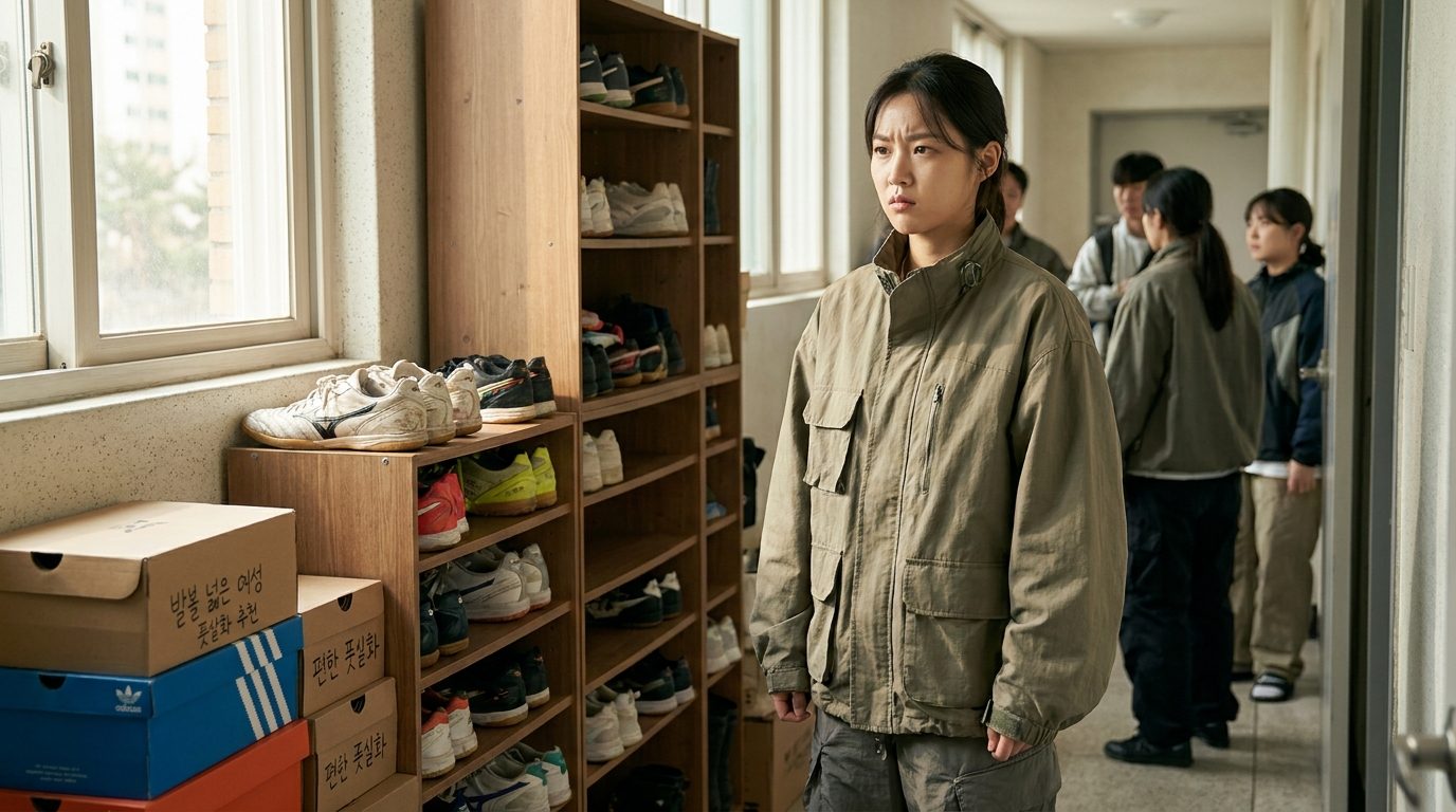 여자 풋살화 사이즈: 여자가 자신의 신발장 앞에서 발볼 넓은 풋살화를 고민하는 모습을 담은 실사 이미지