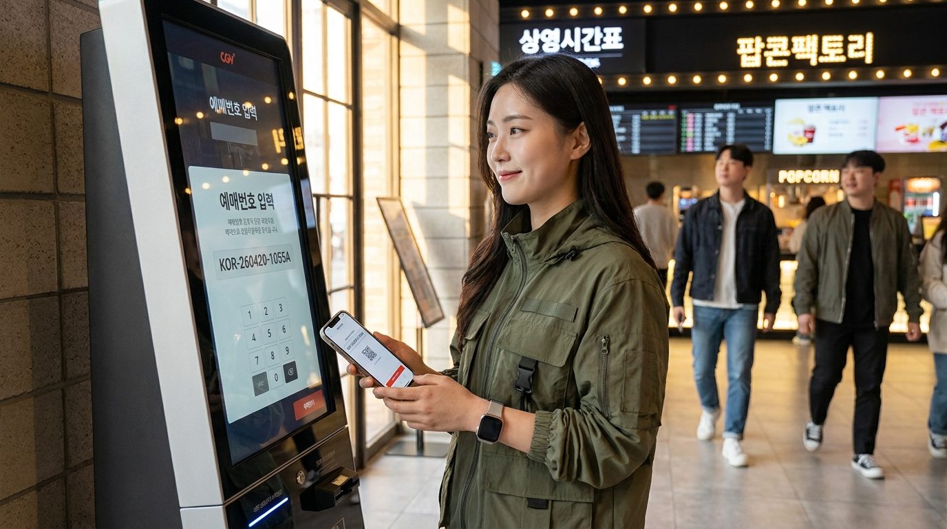 현대적인 CGV 또는 롯데시네마 무인 발권기 앞에서 스마트폰으로 예매번호를 확인하는 젊은 한국 여성의 모습