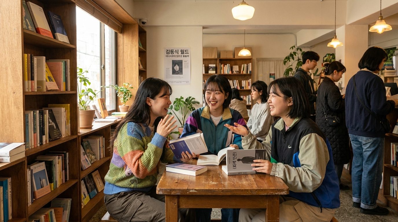 작은 한국 서점에서 모여 앉아 회색 인간 책을 중심으로 대화하는 20-30대 여성 독서 모임의 모습.