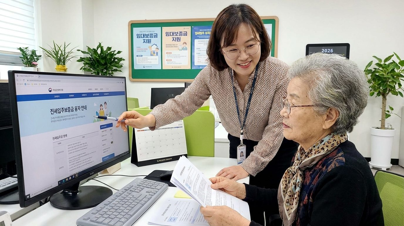 임대보증금 융자 지원을 위해 복지 사무소에서 상담 중인 한국의 저소득 노인과 직원