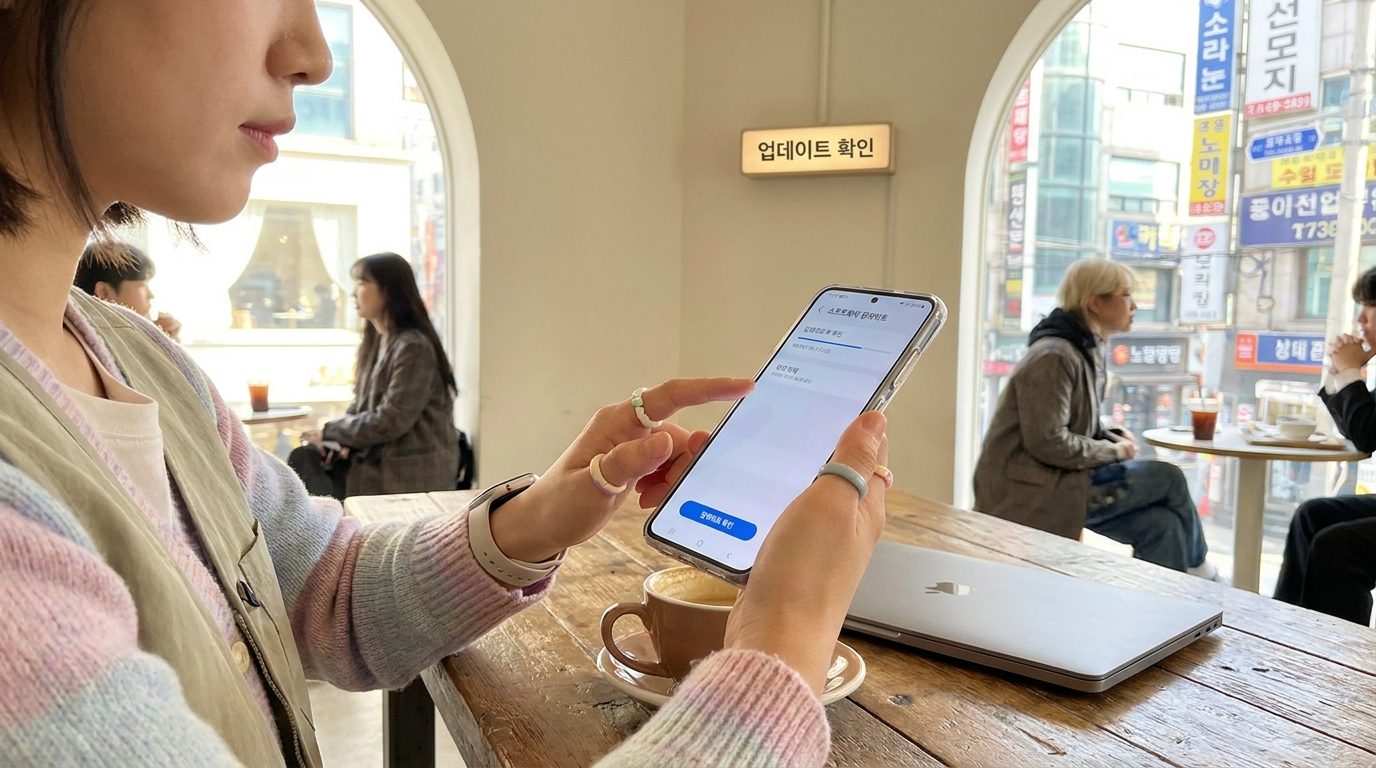 카페에서 최신 2026년 패션을 입은 여성이 한국어 소프트웨어 업데이트 메뉴를 확인하는 모습