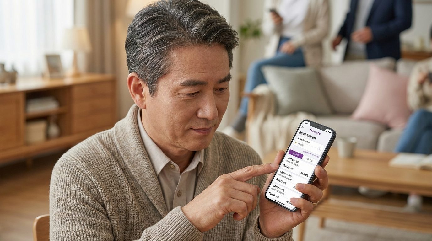중년 남성이 티머니GO 앱에서 출발지와 도착지를 선택하는 스마트폰 화면 클로즈업