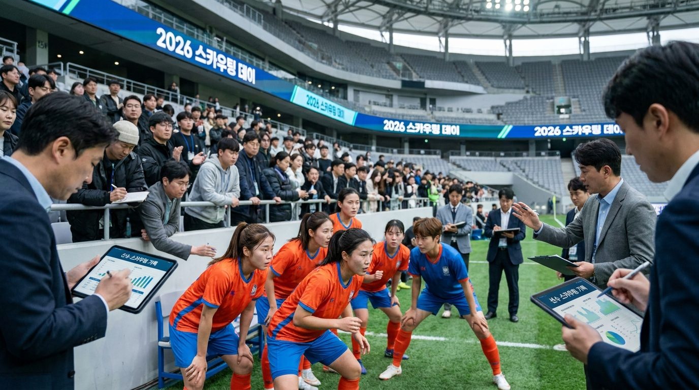 선수 스카우터들이 여자축구 선수를 집중 관찰하는 장면