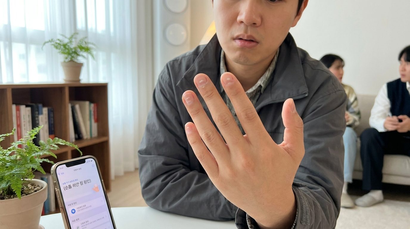 손톱 하얀 점, 손톱을 자세히 들여다보며 하얀 점을 발견하고 약간 걱정하는 한국인의 손 모습