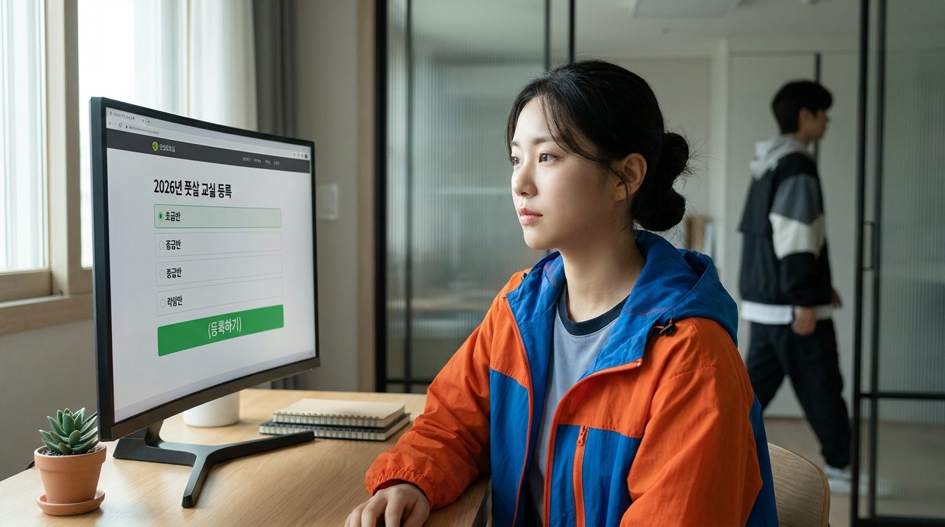 풋살 클래스 등록 페이지를 고민하며 컴퓨터 화면을 바라보는 한국인 여성의 모습