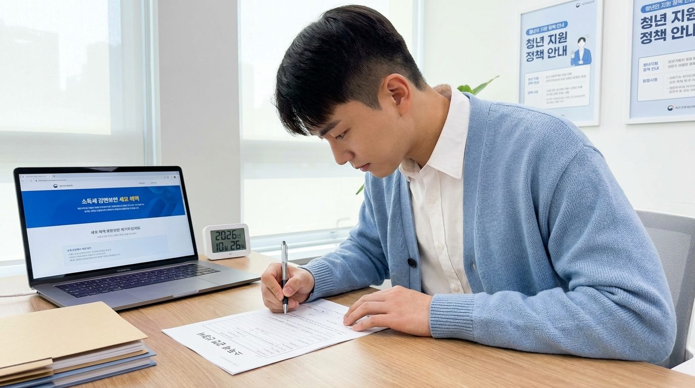 중소기업 청년 지원 세금 감면 신청서를 작성하는 젊은 직원의 클로즈업 장면