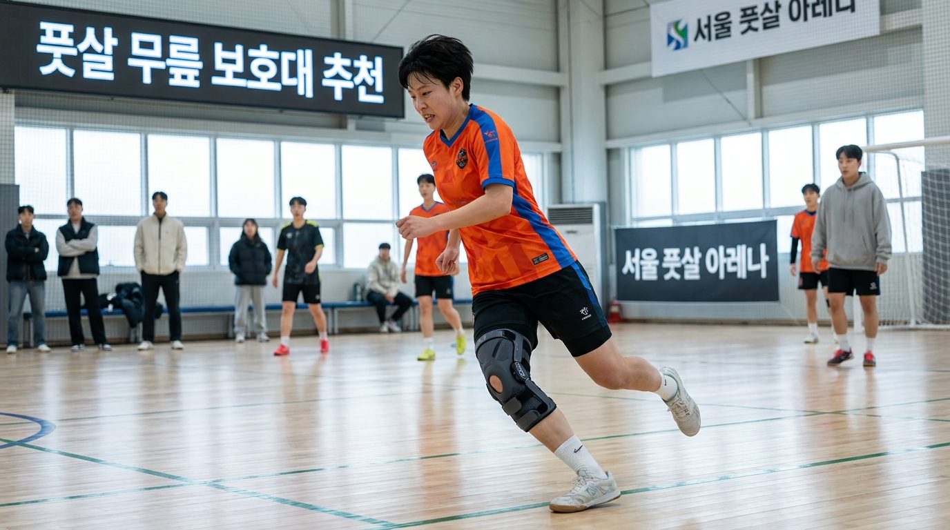 풋살 경기 중 여성 선수가 현대적인 무릎 보호대를 착용하고 방향을 급격히 바꾸는 장면