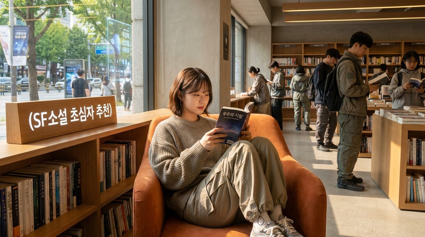 한국 서점에서 SF소설 초심자를 위한 추천 코너에서 책을 읽는 젊은 한국인 독자 모습